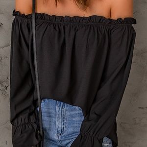 Frill Trim Off- Shoulder Flounce Sleeve Blouse